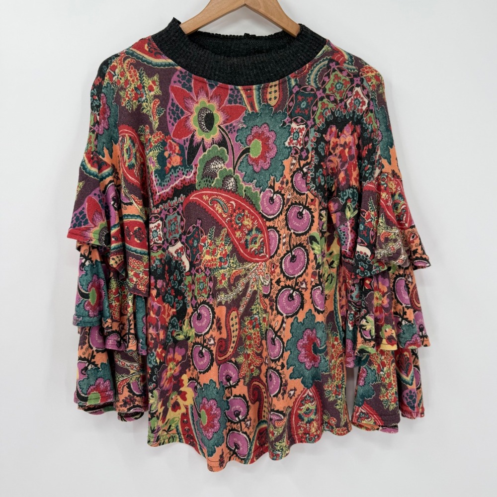 Ivy Jane Paisley Floral Ruffle Sleeve Top Boho Multicolor Women Small